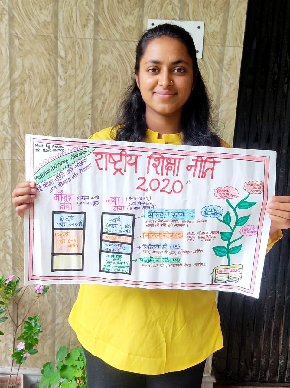 NSS की धौलाधार परिसर (UNIT 1) ईकाई की ओर से राष्ट्रीय शिक्षा नीति-2020 के क्रियान्वन संबंधी तैयार पोस्टर के साथ छात्रा।