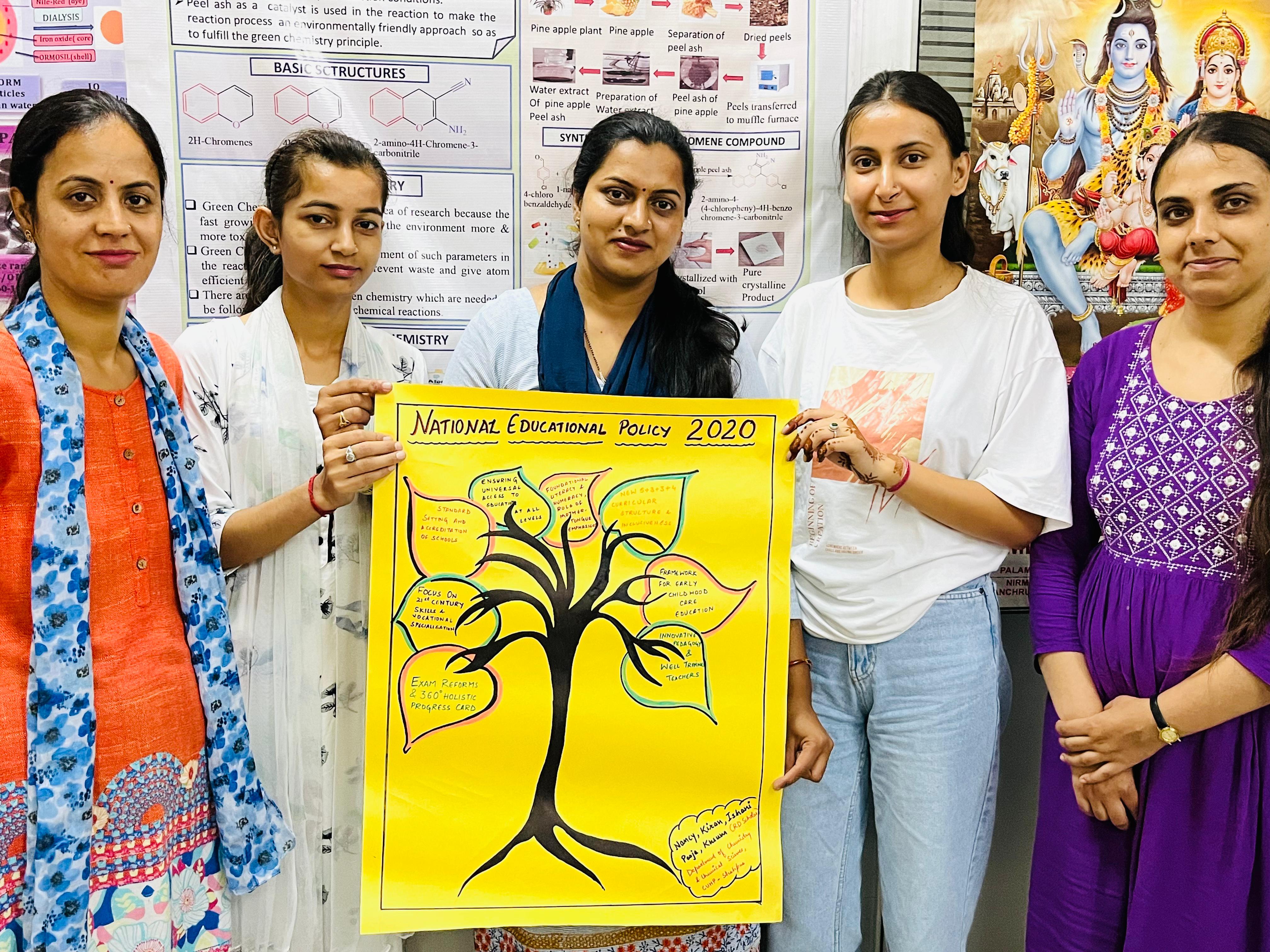 राष्ट्रीय शिक्षा नीति  2020 के तहत तैयार किए गए पोस्टर के साथ रसायन शास्_त्र एवं रसायन विज्ञान विभाग के विद्यार्थी।